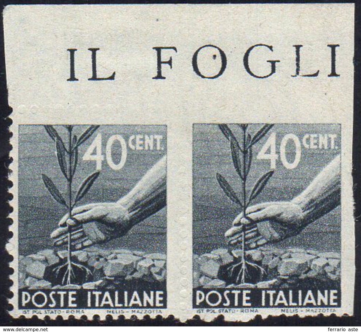 1945 - 40 Cent. Democratica, Coppia Orizzontale Con Il Primo Esemplare Non Dentellato In Alto E Dent... - Unclassified
