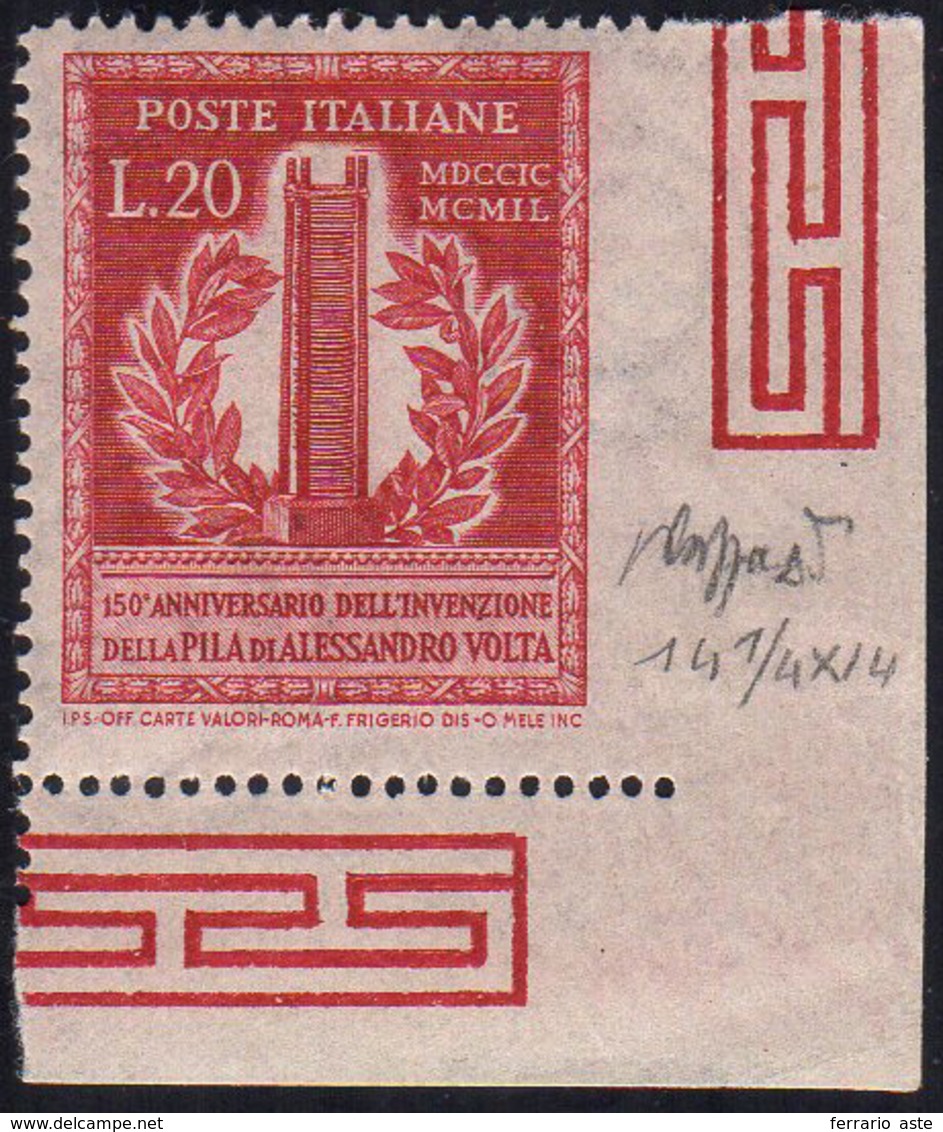 1949 - 20 Lire Volta, Dent. 14 1/4, Non Dentellato A Destra (611d), Angolo Di Foglio, Gomma Integra,... - Zonder Classificatie