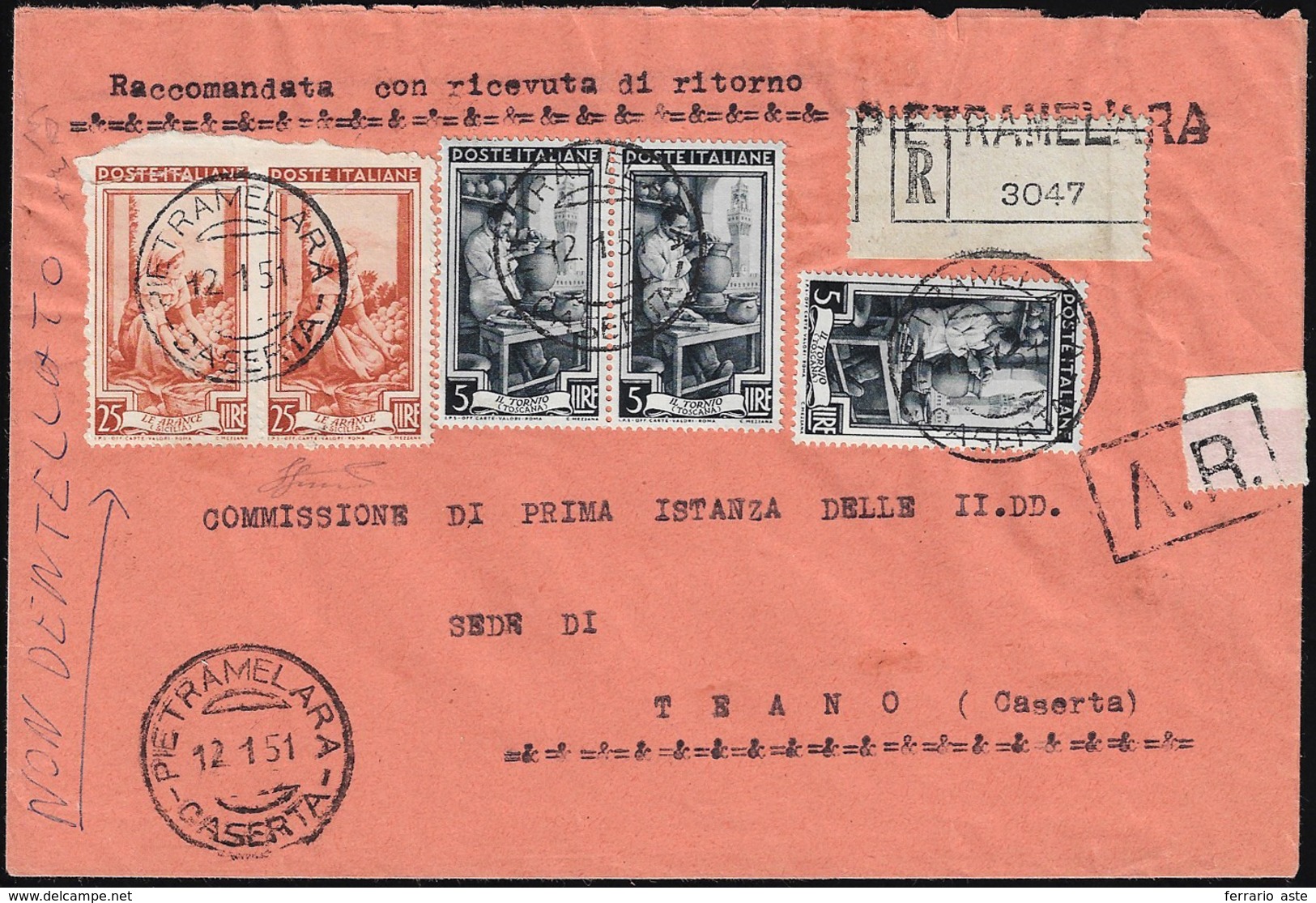 1951 - 25 Lire Lavoro, Filigrana Ruota, Coppia Orizzontale Non Dentellata In Alto E Mancante Di Quas... - Unclassified