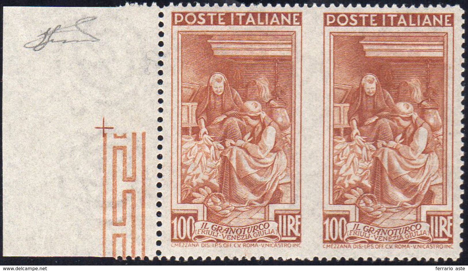 1950 - 100 Lire Lavoro, Dent. 14 1/4X13 1/4, Coppia Orizzontale Non Dentellata In Mezzo (651K), Gomm... - Non Classificati