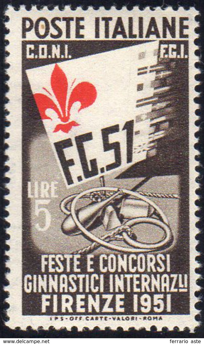 1951 - 5 Lire Ginnici, Giglio Fortemente Spostato A Sinistra (661c), Gomma Integra, Perfetto. Cert. ... - Zonder Classificatie