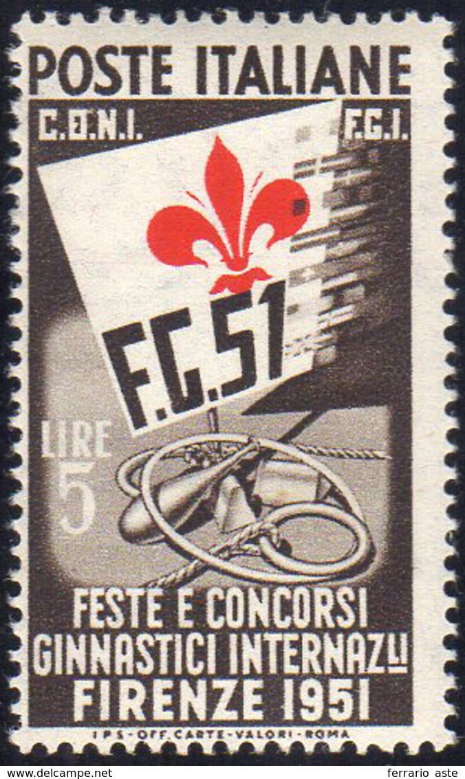 1951 - 5 Lire Ginnici, Giglio Fortemente Spostato A Destra (661ca), Gomma Integra, Perfetto. Cert. D... - Zonder Classificatie