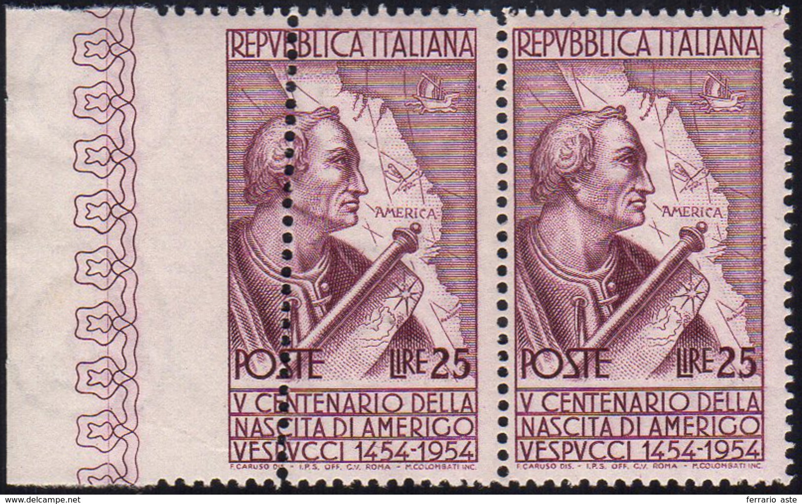 1954 - 25 Lire Vespucci, Dentellatura Sinistra Fortemente Spostata A Destra, In Coppia Con Il Normal... - Zonder Classificatie