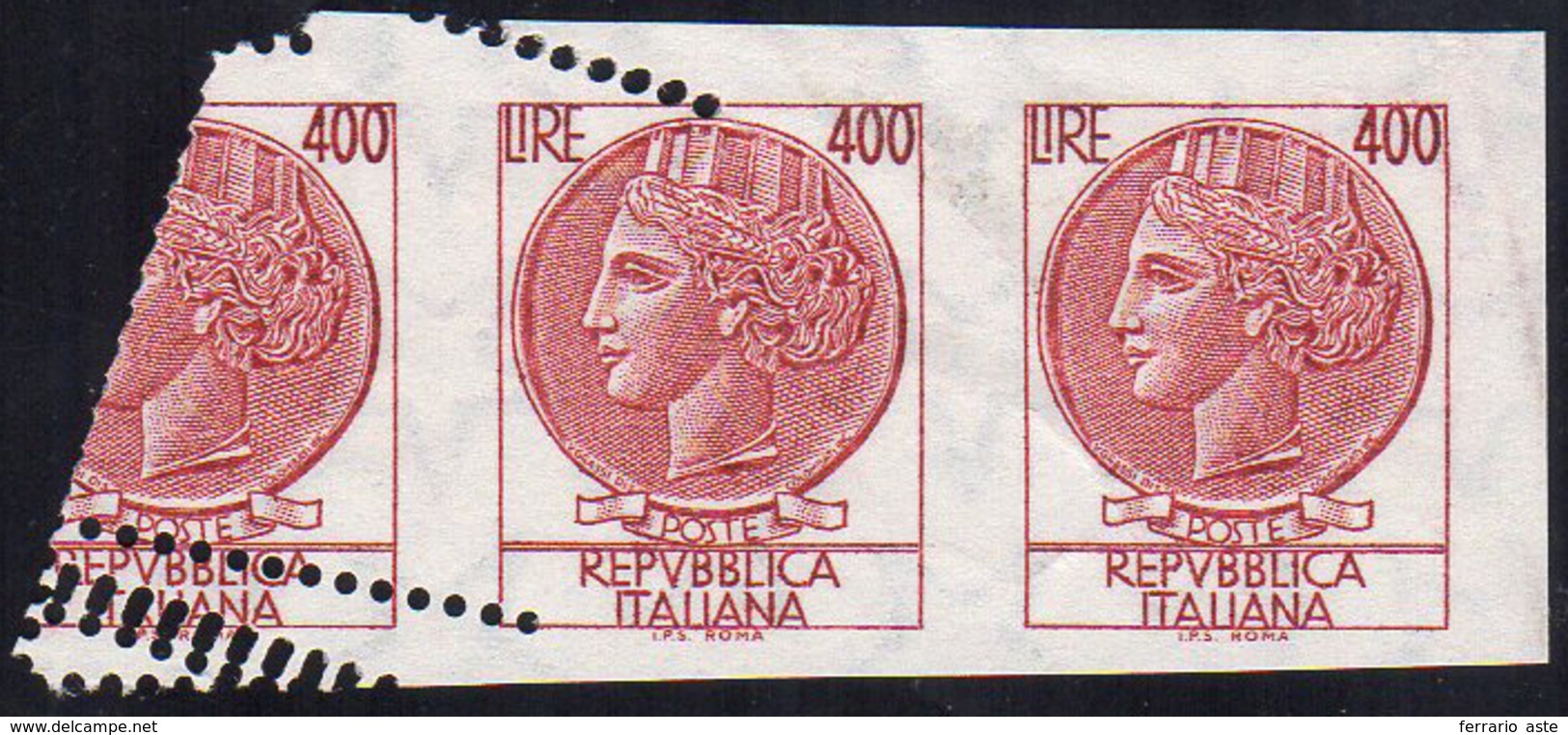 1977 - 400 Lire Siracusana (1084B), Striscia Di Tre Con Bella Varietà Di Dentellatura, Causata Da Un... - Unclassified