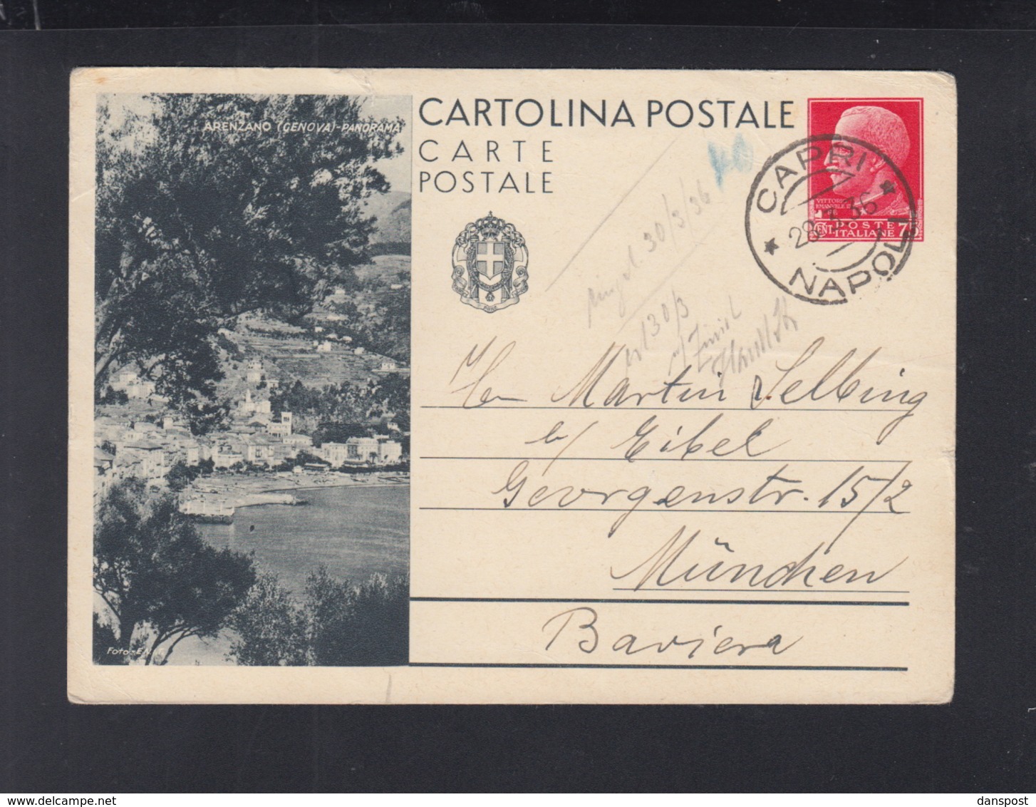 Cartolina Arenzano 1936 - Stamped Stationery