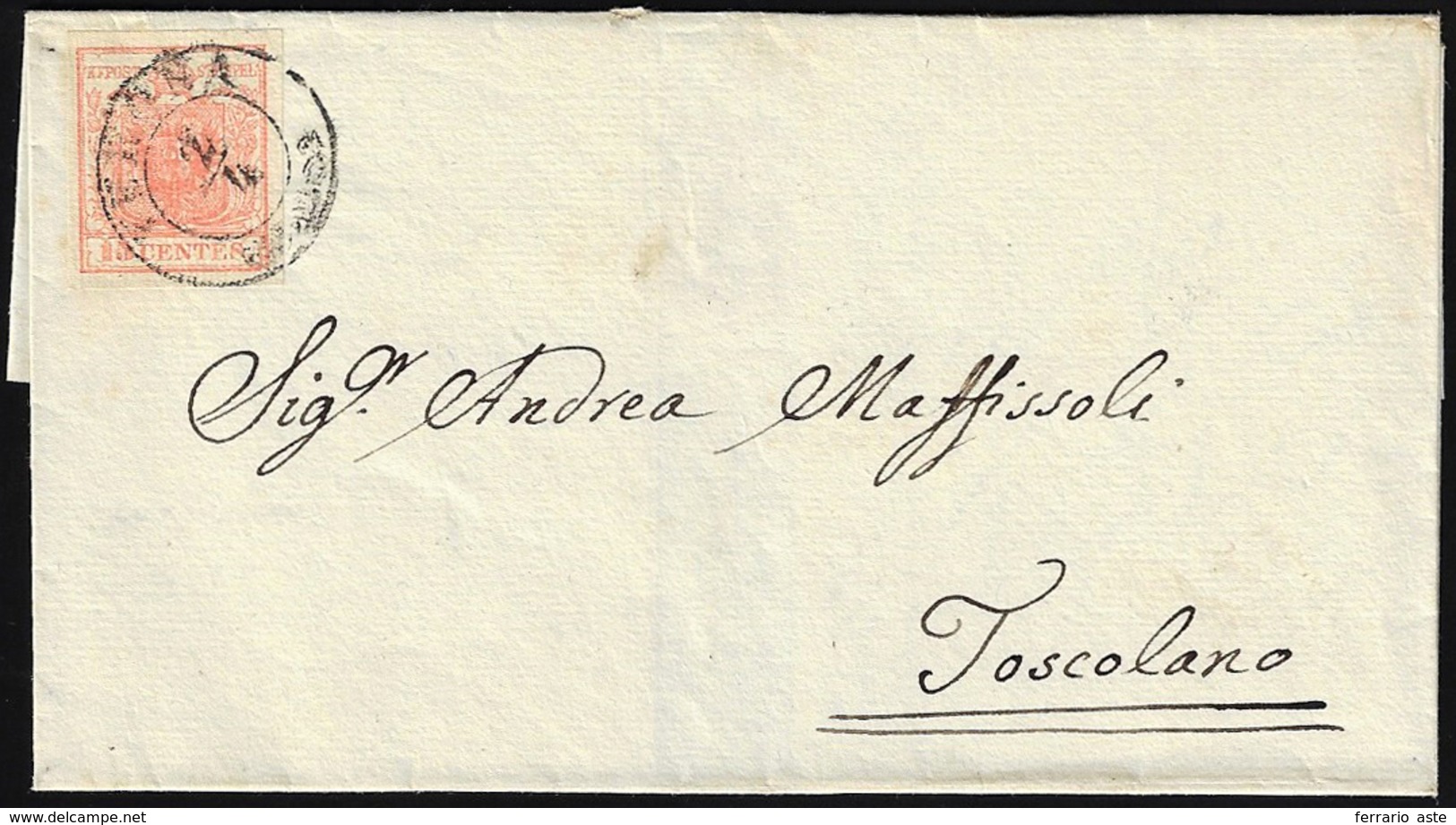 1852 - 15 Cent. Rosso Vermiglio, I Tipo, Carta A Coste Verticali (14), Perfetto, Su Sovracoperta Di ... - Lombardo-Venetien