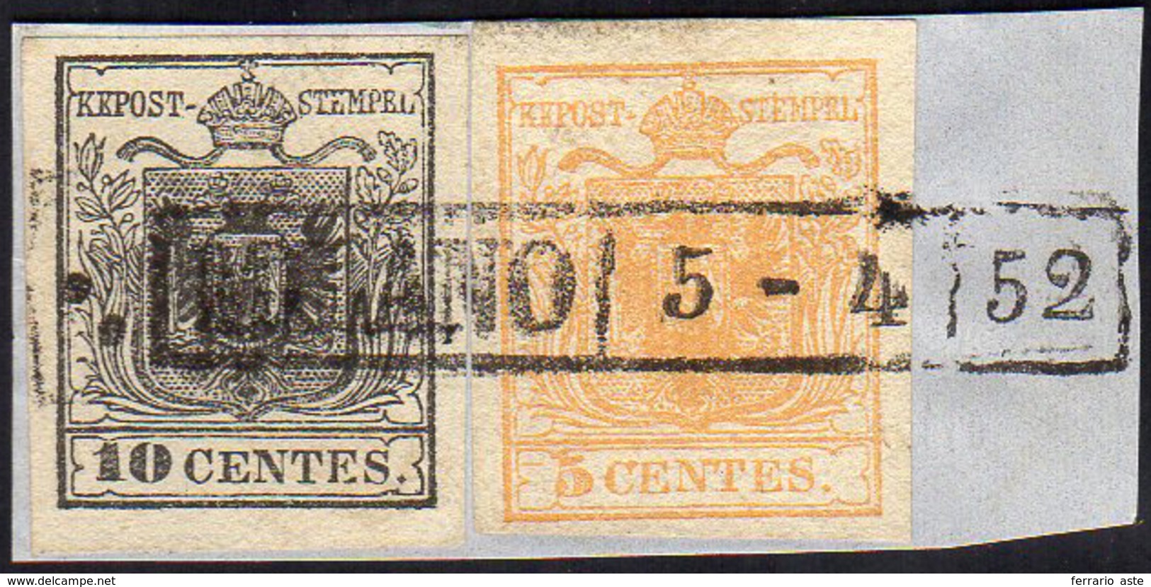 1850 - 5 Cent. Giallo Arancio, 10 Cent. Nero (1g,2), Perfetti, Usati, Su Piccolo Frammento A Milano ... - Lombardo-Veneto