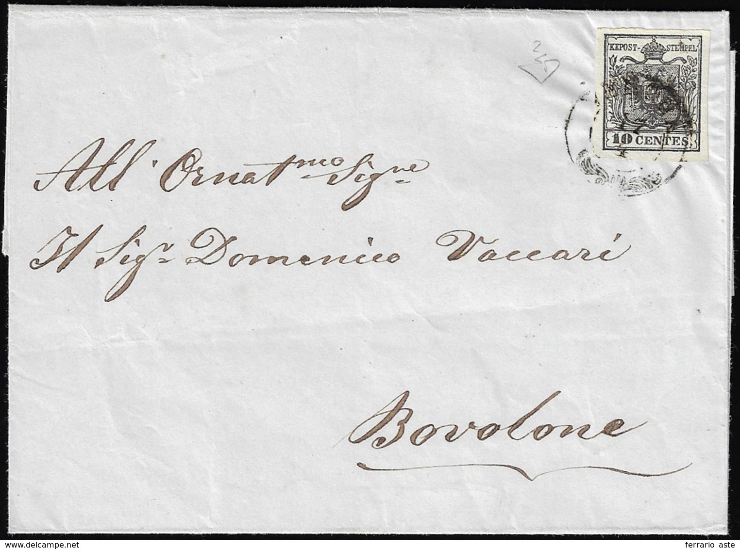 1850 - 10 Cent. Nero, Carta A Mano (2), Isolato Su Sovracoperta Di Lettera Da Verona 17/4 A Bovolone... - Lombardy-Venetia