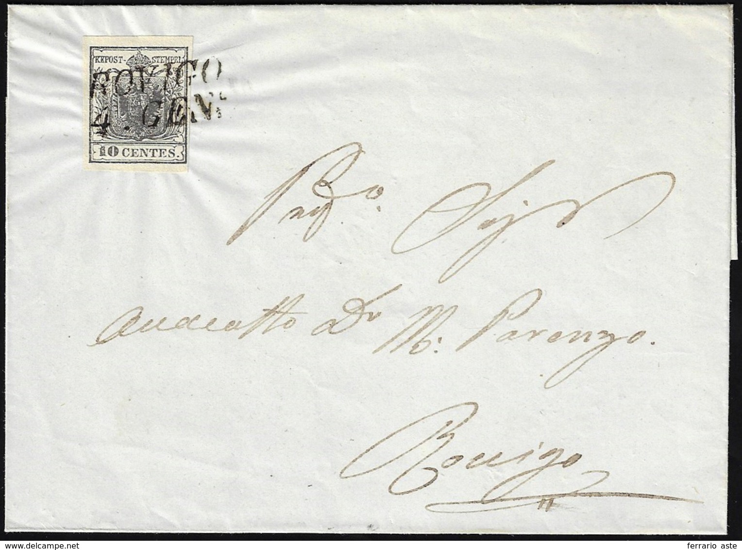 1850 - 10 Cent. Nero, Carta A Mano (2), Perfetto, Isolato Su Sovracoperta Di Lettera Da Rovigo 4/1 P... - Lombardy-Venetia