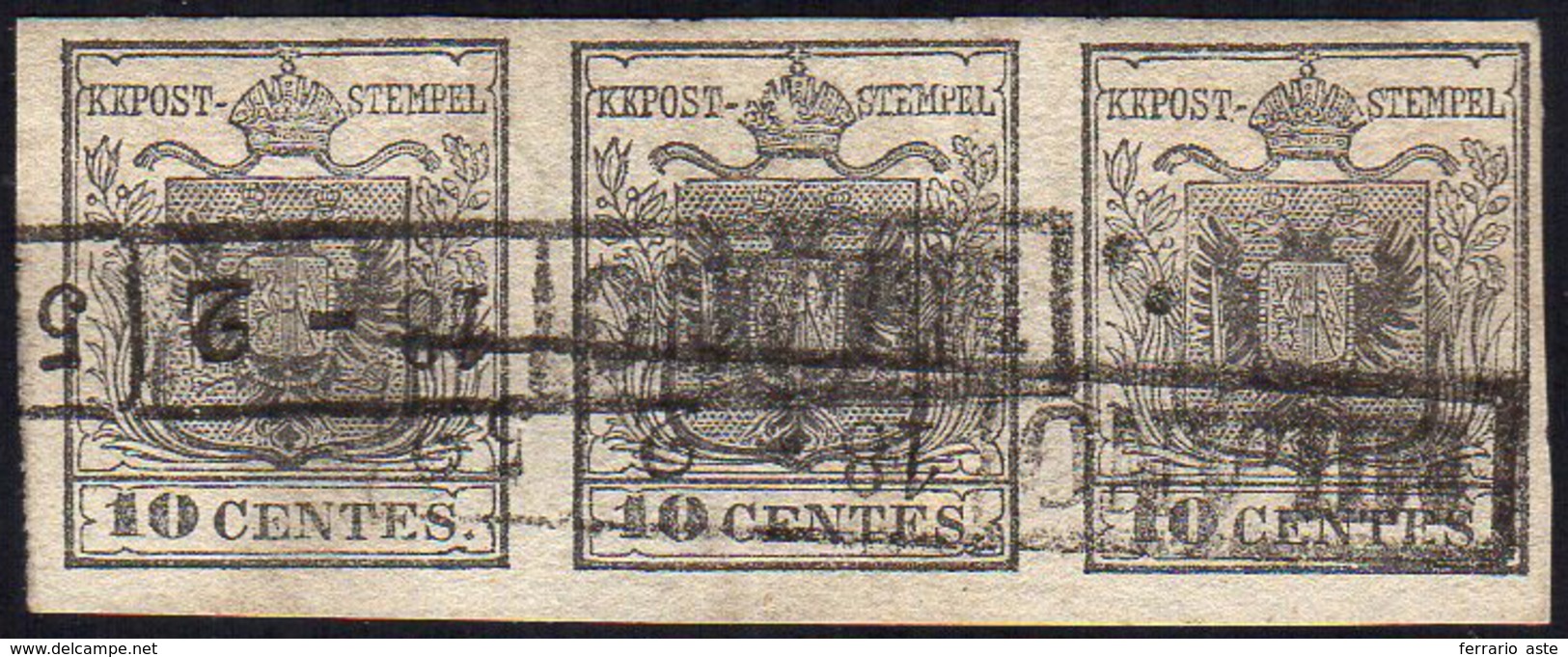 1850 - 10 Cent. Grigio Nero (2c), Striscia Di Tre, Perfetta, Usata A Milano 18/2/1852.... - Lombardy-Venetia