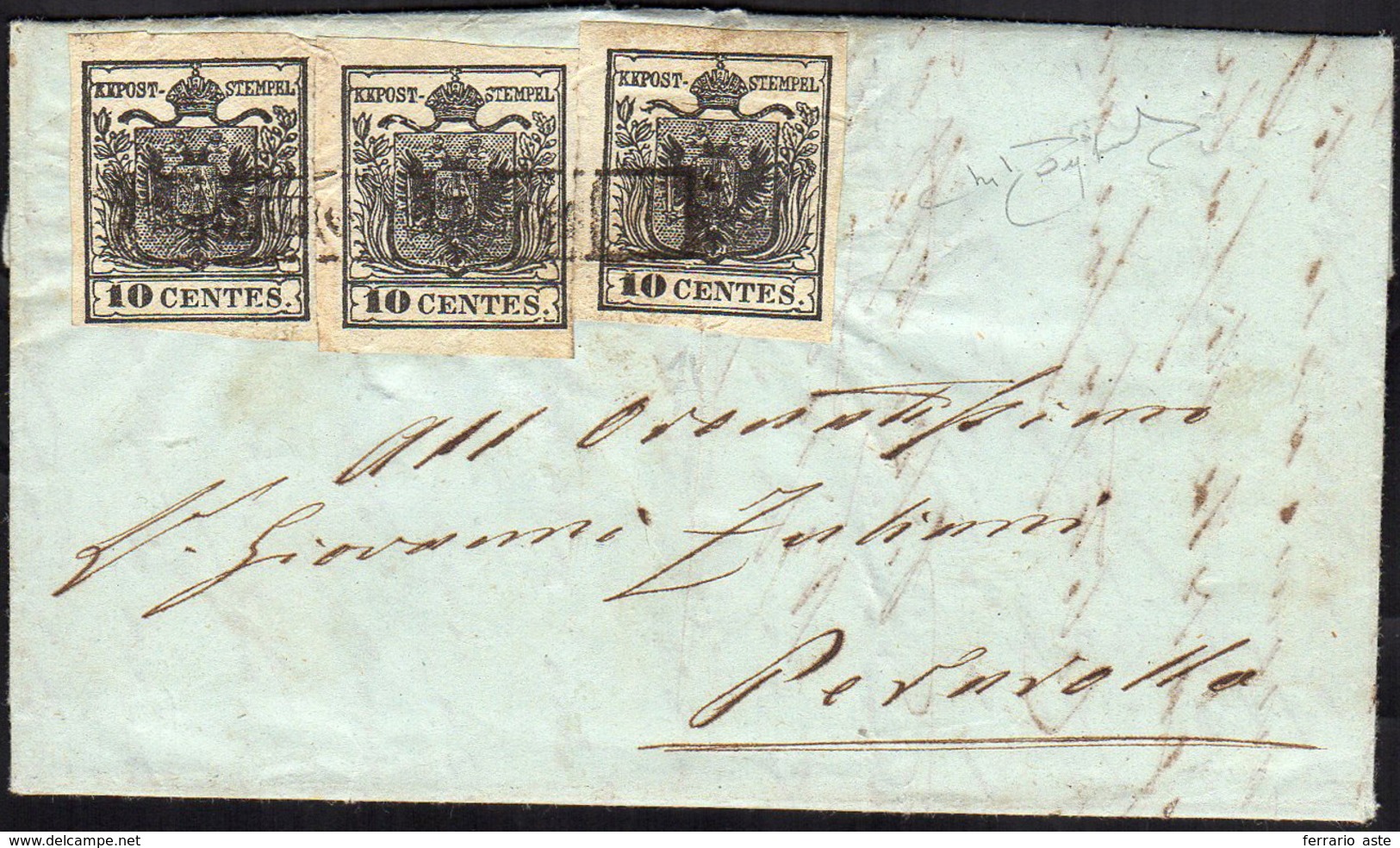 1855 - 10 Cent. Nero Intenso (2d), Un Esemplare Del I Sottotipo E Due Del II, Perfetti, Su Lettera D... - Lombardije-Venetië