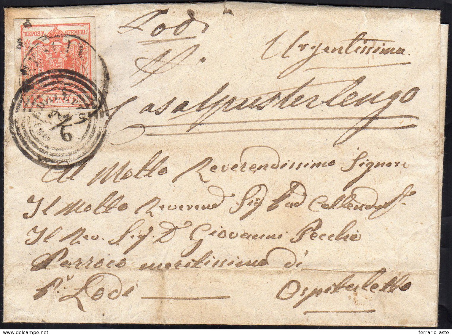 1852 - 15 Cent. Rosso, III Tipo, Carta A Mano (5), Perfetto, Su Sovracoperta Di Lettera Da Brescia A... - Lombardo-Venetien