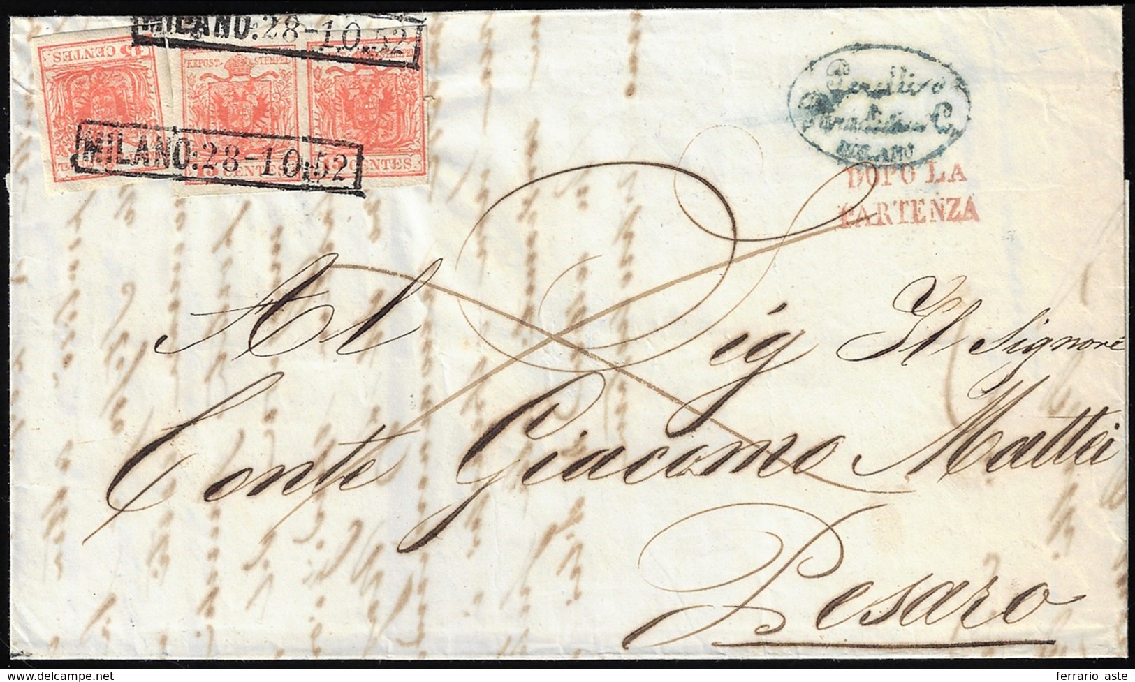 1852 - 15 Cent. Rosso, III Tipo, Carta A Mano (6), Tre Esemplari, Su Lettera Da Milano 28/10/1852, B... - Lombardy-Venetia