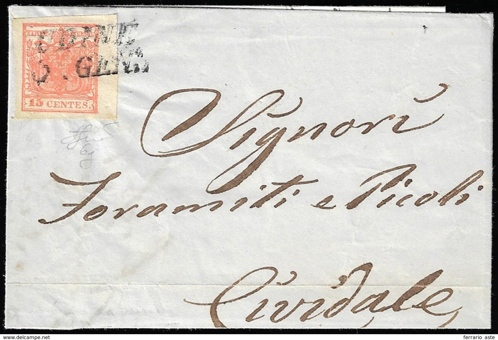 1854 - 15 Cent. Rosso Salmone Intenso, III Tipo, Carta A Mano (6g), Bordo Di Foglio, Perfetto, Su Le... - Lombardy-Venetia