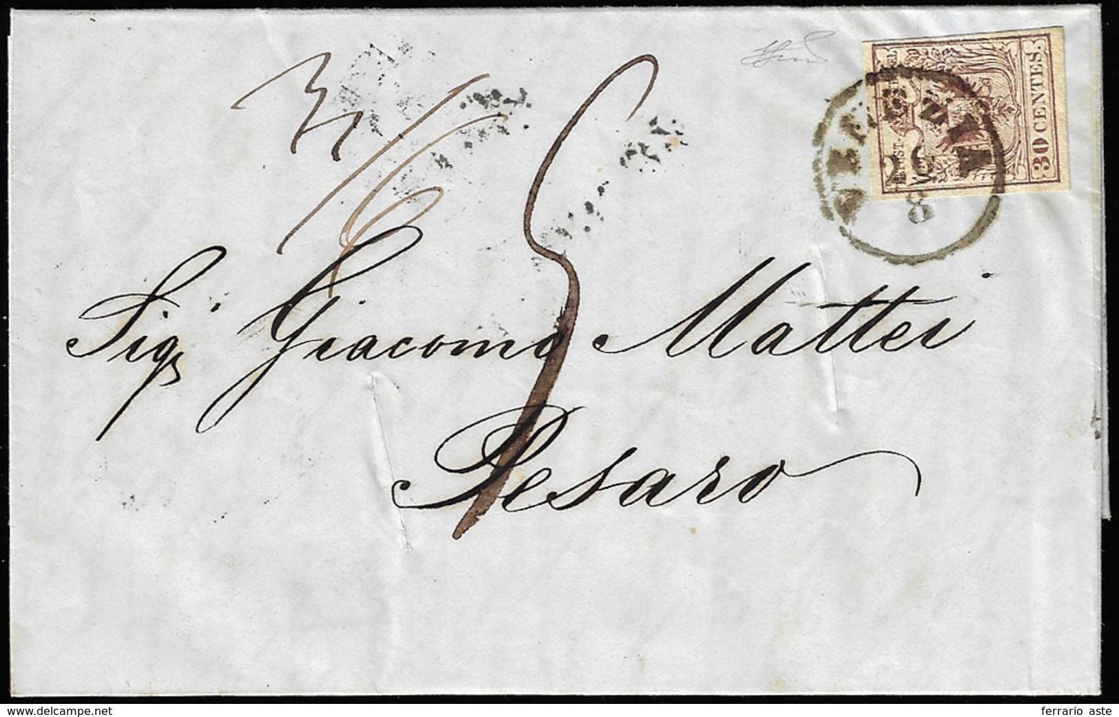 1855 - 30 Cent. Bruno Lillaceo, II Tipo (9), Perfetto, Su Lettera Insufficientemente Affrancata Da V... - Lombardy-Venetia