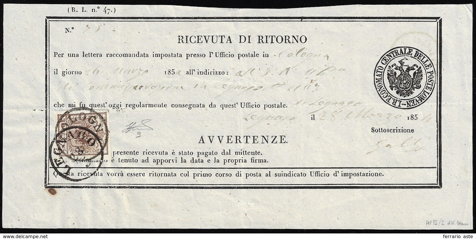 1856 - 30 Cent. Bruno Lillaceo, II Tipo, Carta A Mano (9), Perfetto, Su Ricevuta Di Ritorno Da Colog... - Lombardy-Venetia