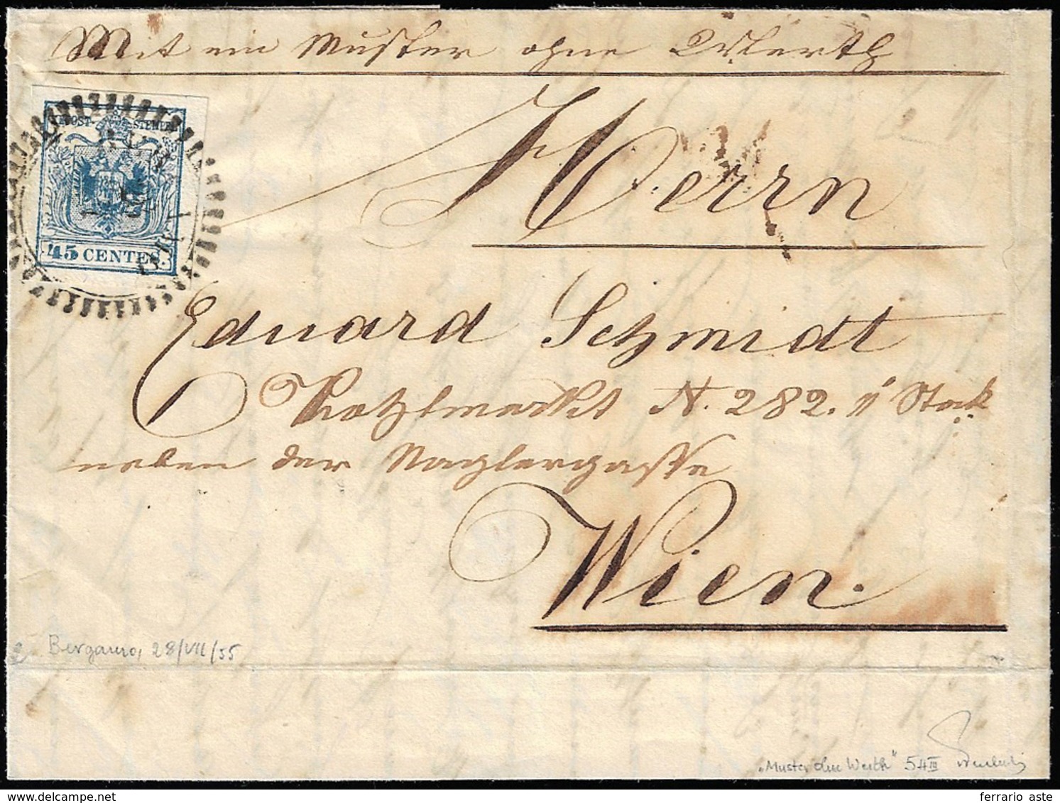 1855 - 45 Cent. Azzurro, III Tipo, Carta A Mano (12), Bella Varietà Di Clichè, Perfetto, Su Busta Da... - Lombardo-Venetien