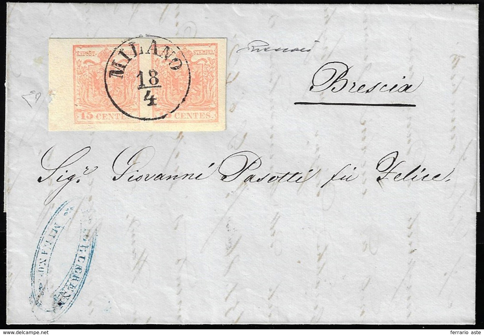 1855 - 15 Cent. Rosa Salmone, Carta A Macchina (20d), Coppia, Perfetta, Bordo Di Foglio A Sinistra C... - Lombardy-Venetia