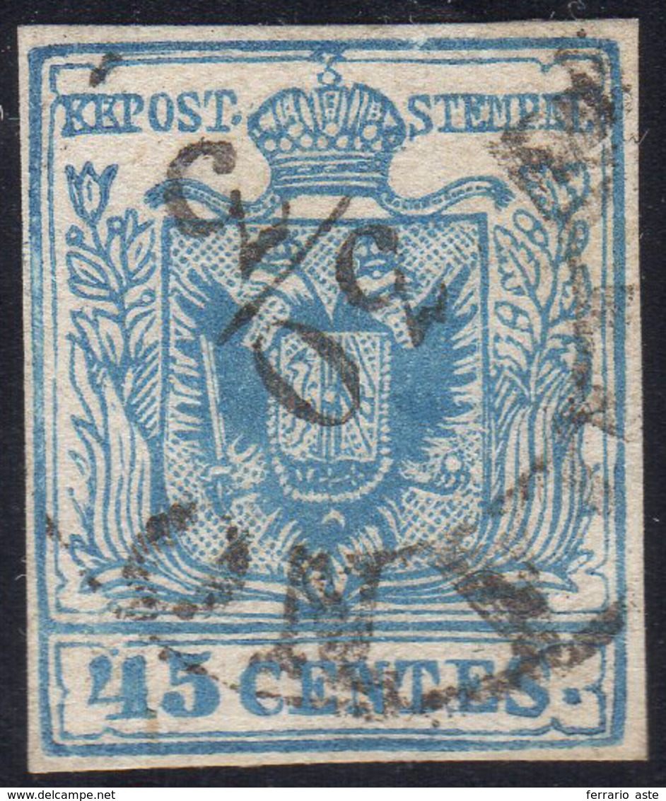 FALSI PER POSTA 1858 - 45 Cent. Azzurro, Falso Per Posta Di Milano, VI Tipo (F13), Perfetto, Usato A... - Lombardije-Venetië