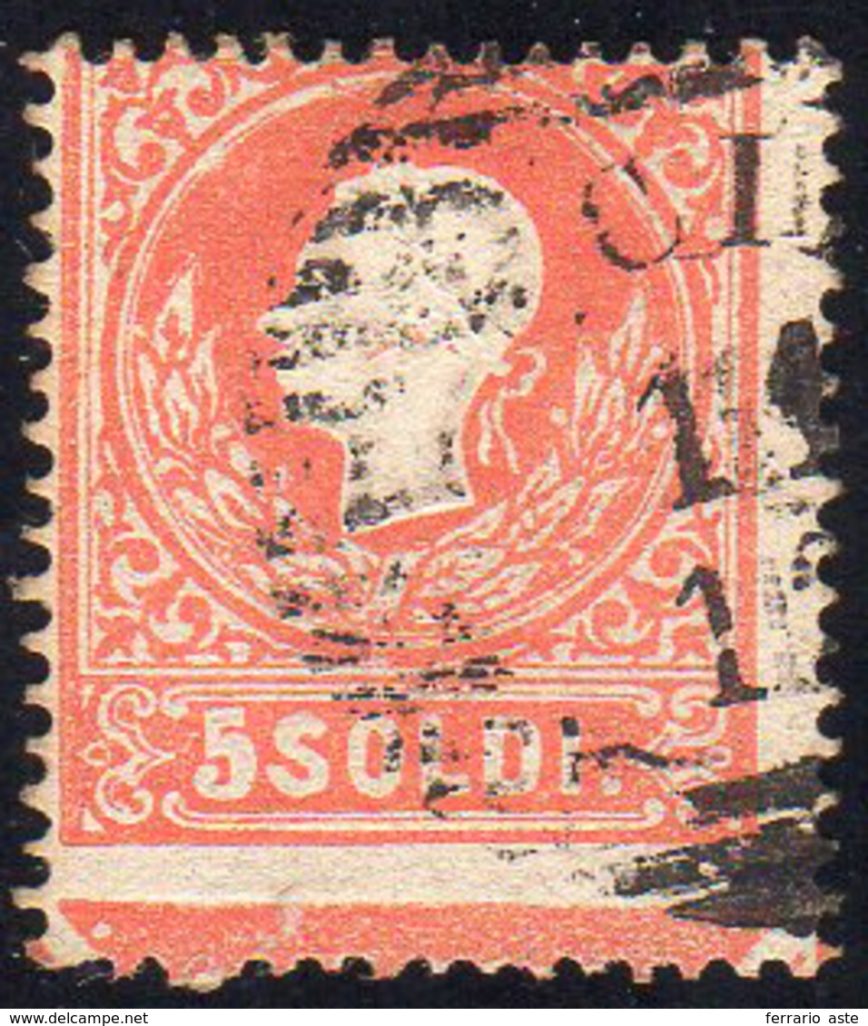 1858 - 5 Soldi Rosso, I Tipo (25), Ampio Principio Di Croce In Basso, Usato, Perfetto. Ferrario.... - Lombardy-Venetia