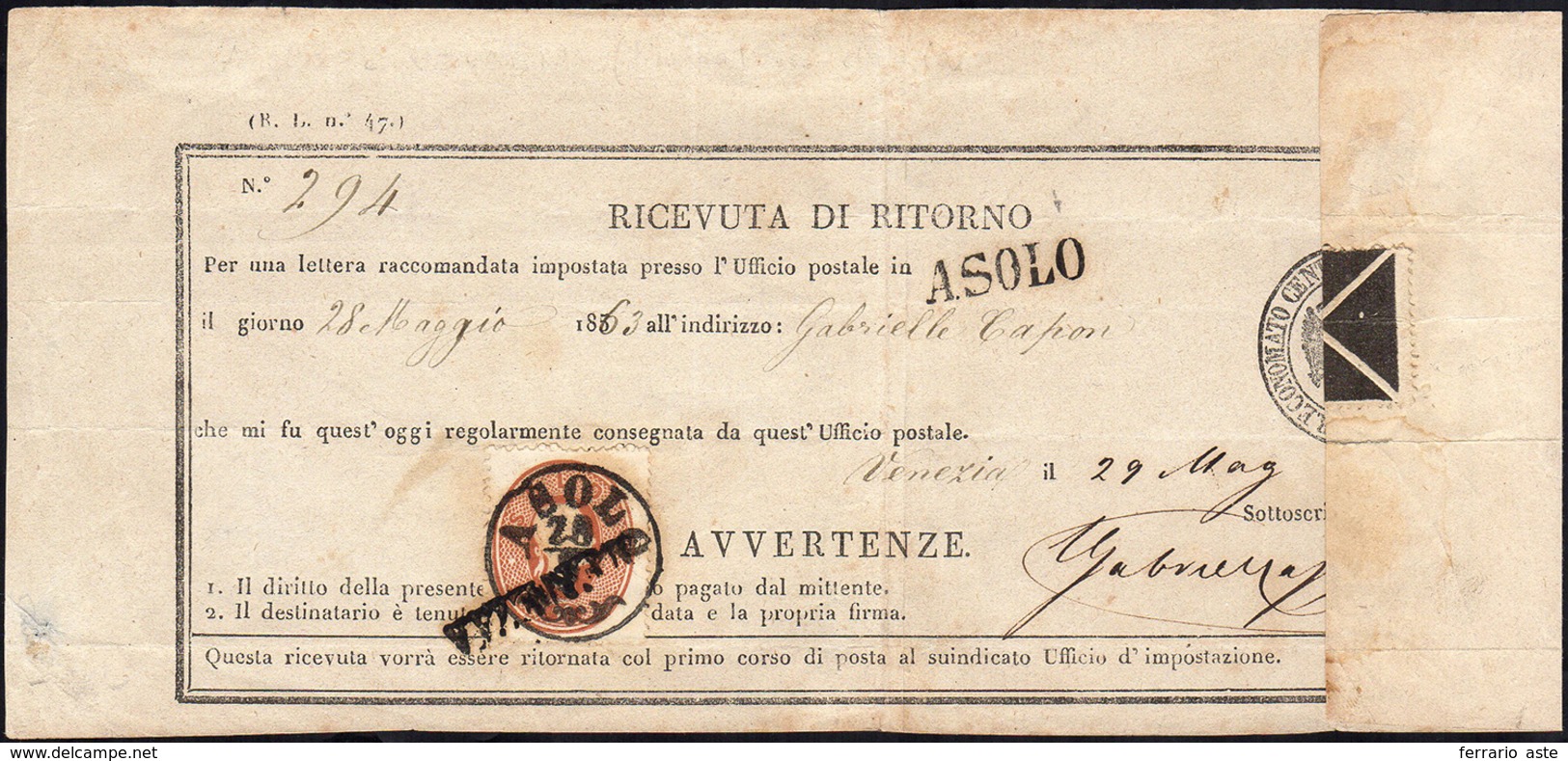 1863 - 10 Soldi Bruno Mattone (34), Perfetto, Su Ricevuta Di Ritorno Per Una Lettera Raccomandata Da... - Lombardy-Venetia