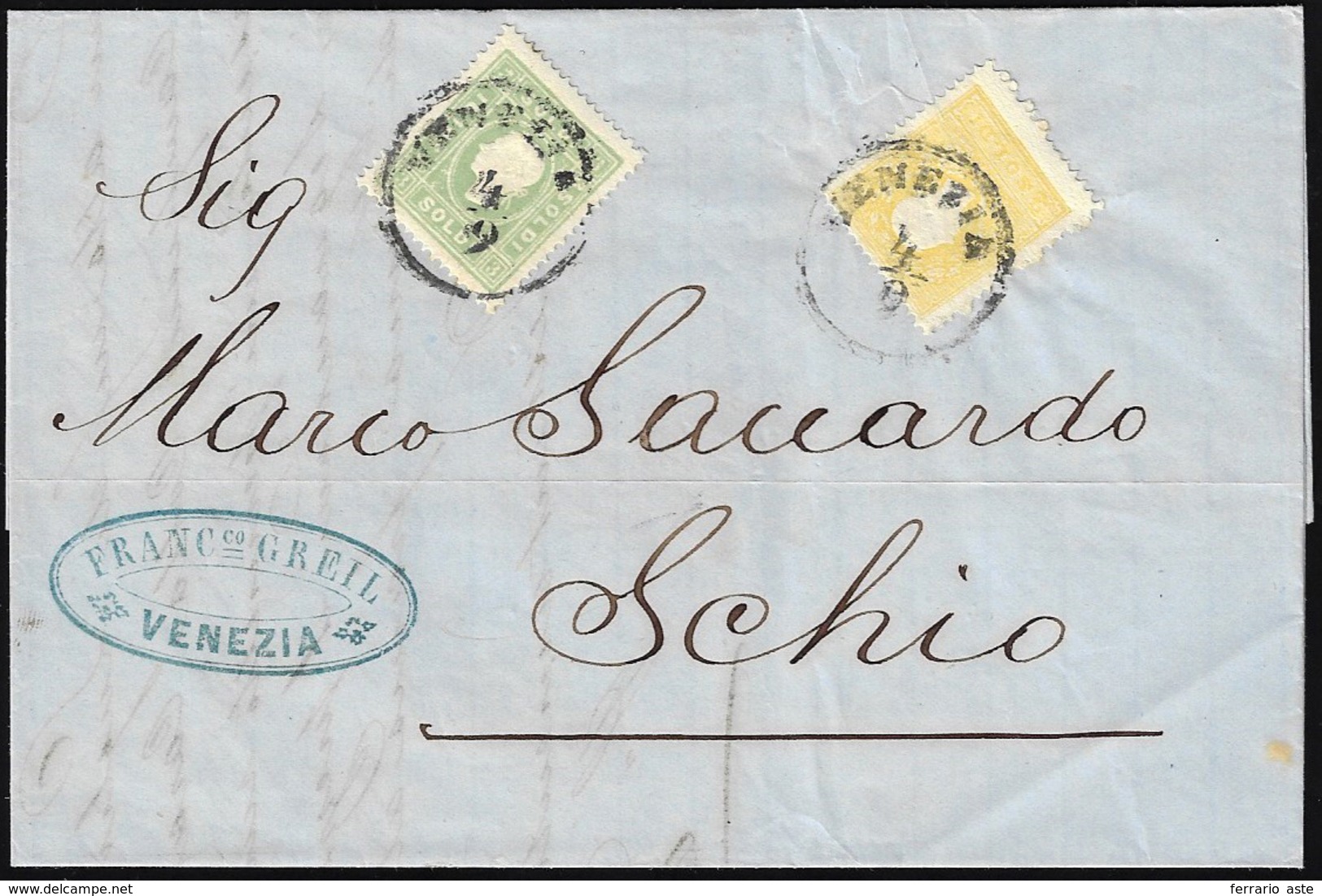 1863 - 3 Soldi Verde, 2 Soldi Giallo, II Tipo (35,28), Perfetti, Su Lettera Da Venezia 4/9/1863 A Sc... - Lombardo-Veneto