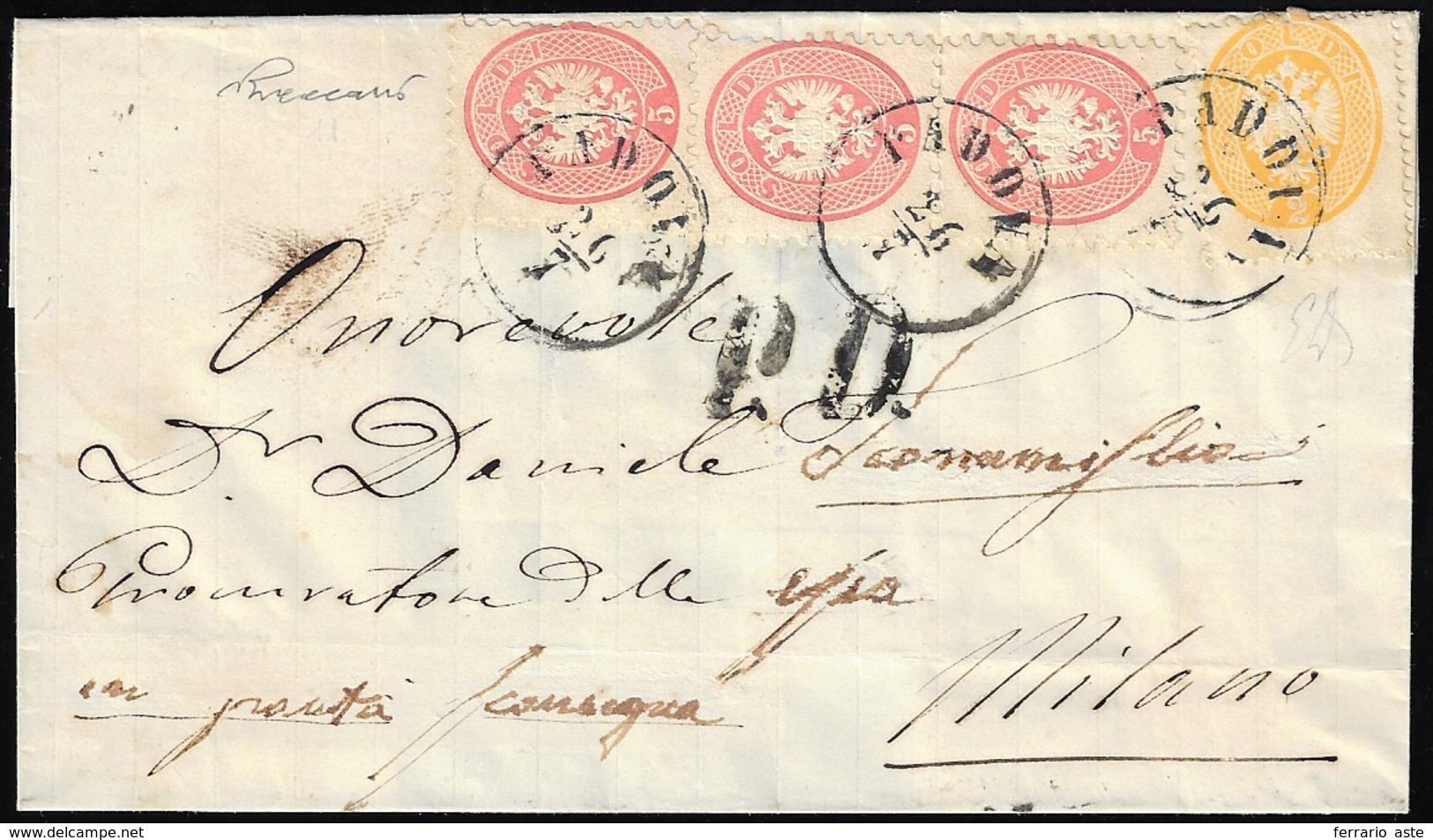 1865 - 2 Soldi Giallo, Dent. 14, 5 Soldi Rosa, Dent. 9 1/2, Tre Esemplari (36,43), Perfetti, Su Sovr... - Lombardy-Venetia