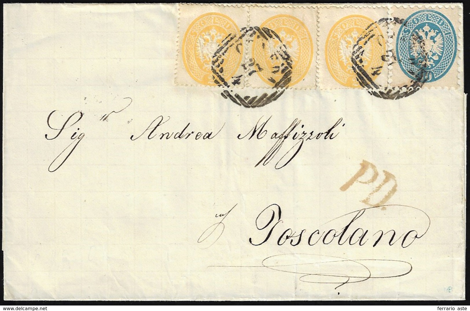 1865 - 2 Soldi Giallo, Dent. 14, Tre Esemplari, 10 Soldi Azzurro, Dent. 9 1/2 (36,44), Perfetti, Su ... - Lombardije-Venetië