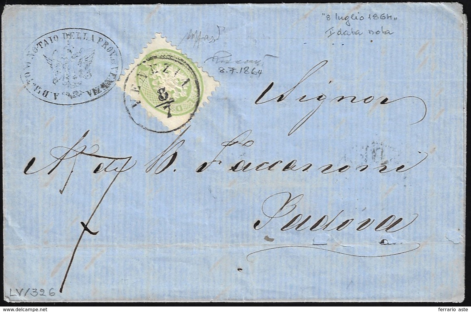 1864 - 3 Soldi Verde Dent. 9 1/2 Aquiletta (42), Perfetto, Isolato Su Lettera Del 8/7/1864 Per Padov... - Lombardo-Veneto