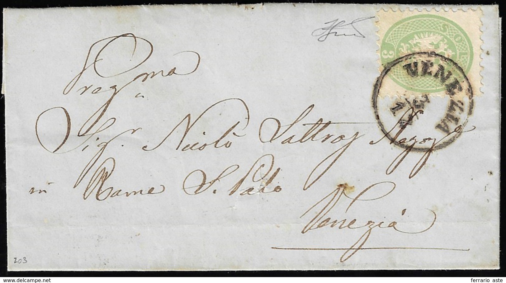 1864 - 3 Soldi Verde, Dent. 9 1/2 (42), Perfetto, Isolato Su Lettera Da Venezia 3/12 Per Città. Ferr... - Lombardije-Venetië