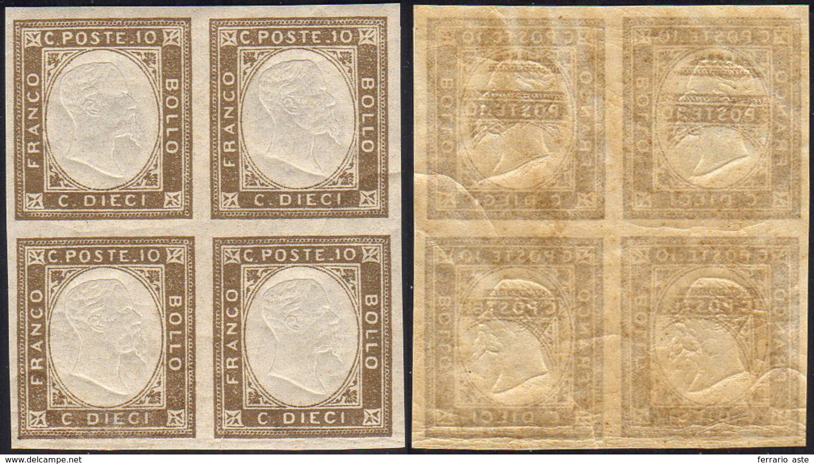 1861 - 10 Cent. Non Emesso (2), Decalco Spostato, Blocco Di Quattro, Gomma Integra, Perfetto. Bella ... - Andere & Zonder Classificatie