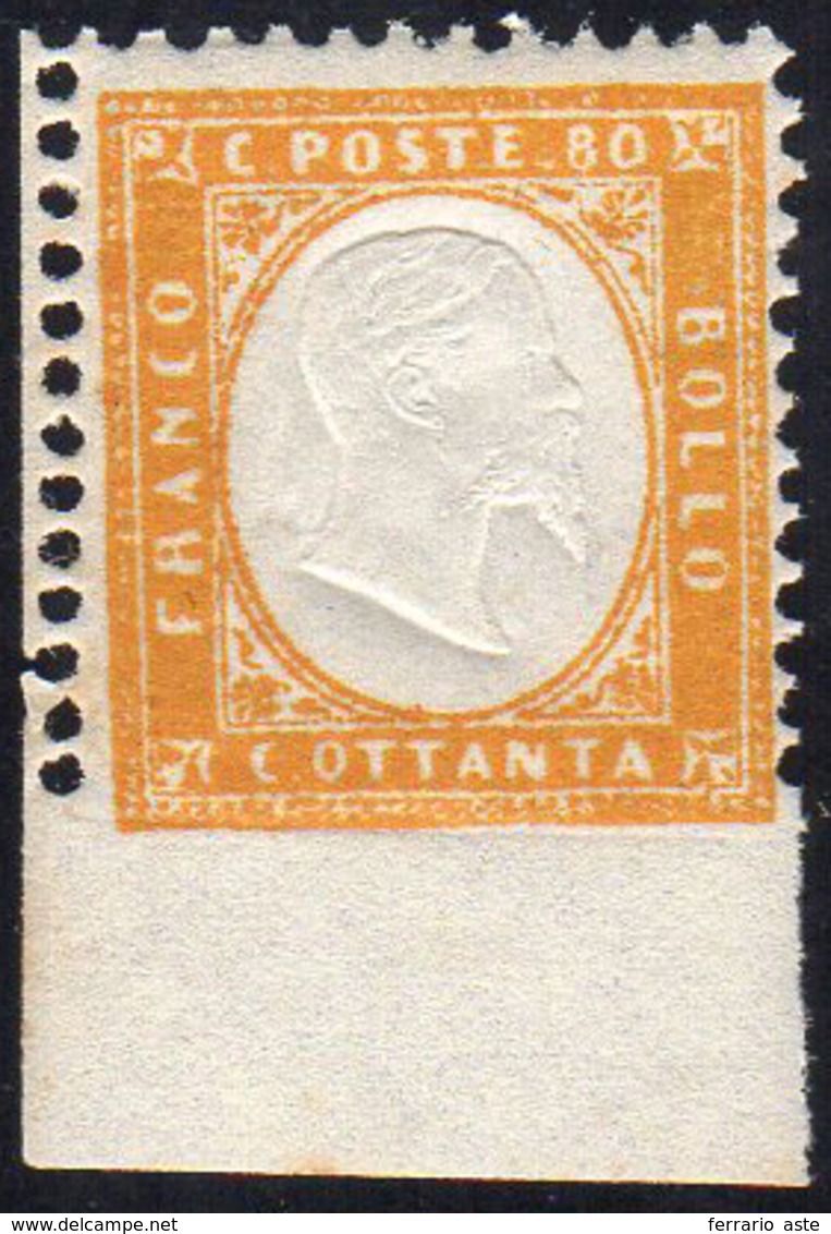 1862 - 80 Cent. Giallo Arancio Non Dentellato In Basso Con Bordo Integrale Di Foglio (4l), Angolo Di... - Sonstige & Ohne Zuordnung