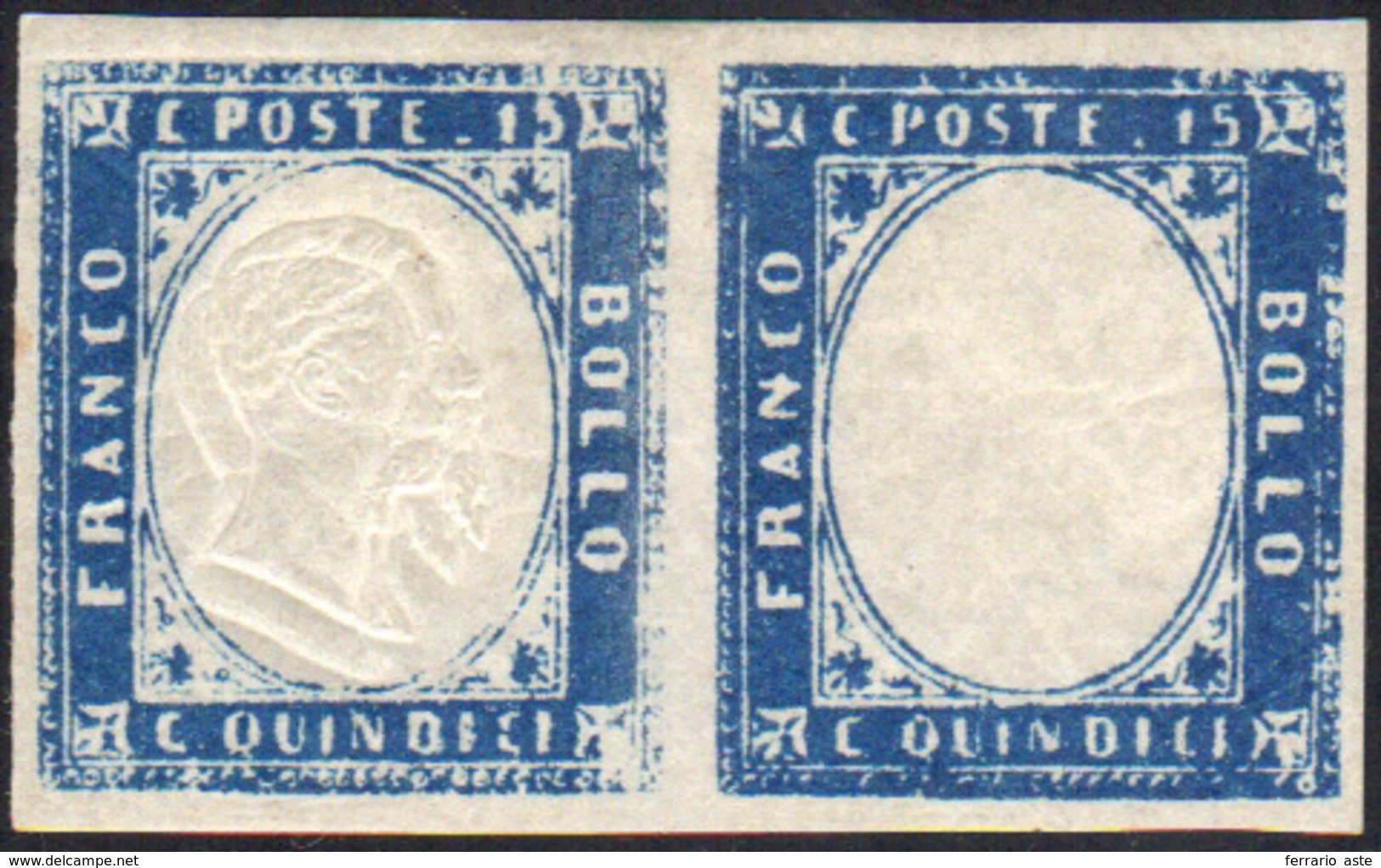 1863 - 15 Cent. Azzurro, Coppia Orizzontale Con Un Esemplare Senza Effigie, L'altro Con Doppia Effig... - Other & Unclassified