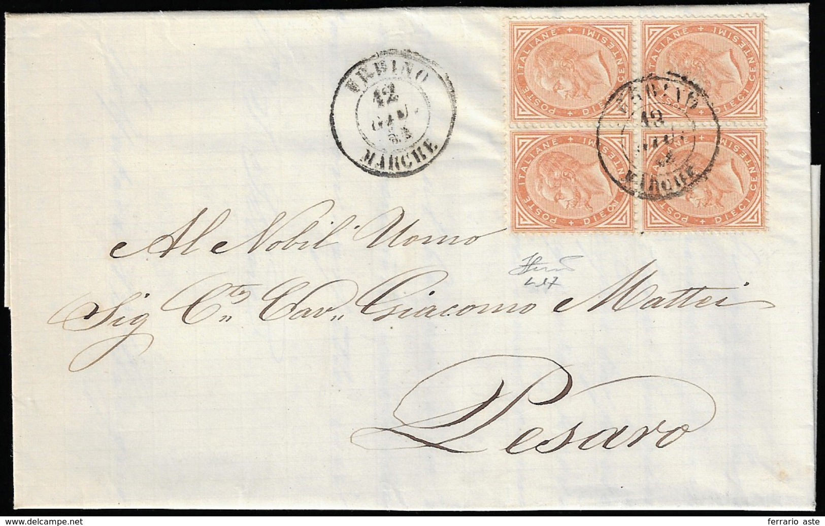 1865 - 10 Cent. De La Rue, Tiratura Di Londra (L17), Blocco Di Quattro, Perfetto, Su Lettera Da Urbi... - Sonstige & Ohne Zuordnung