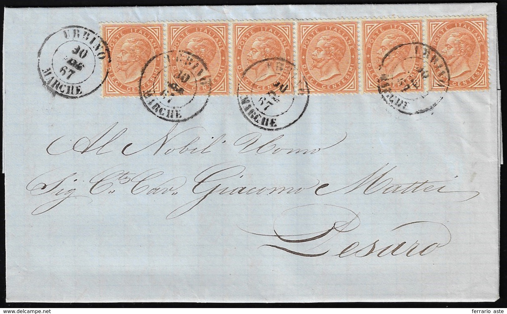 1867 - 10 Cent. De La Rue, Tiratura Di Torino (T17), Striscia Di Sei, Ottimo Stato, Su Lettera Da Ur... - Andere & Zonder Classificatie