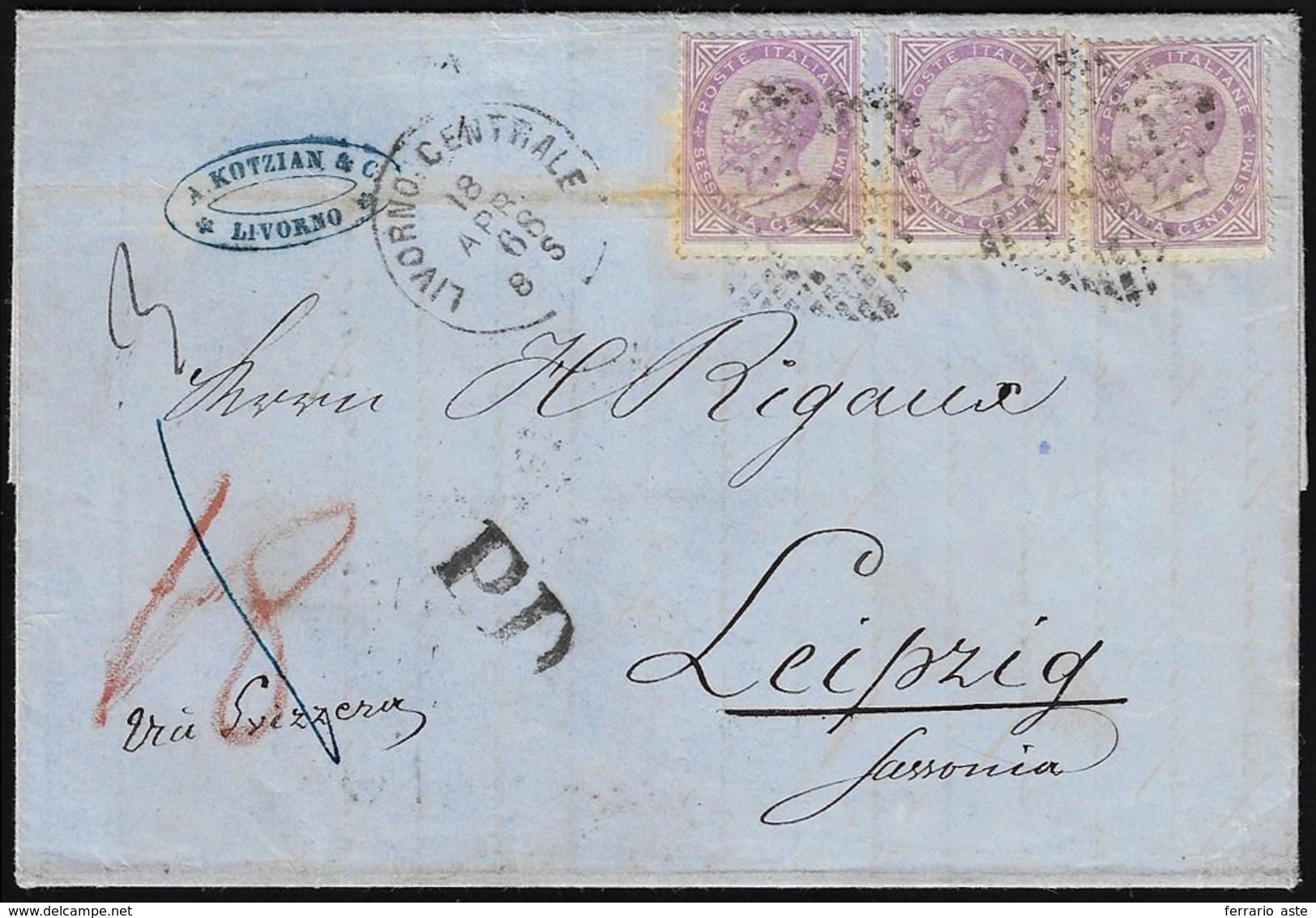 1868 - 60 Cent. De La Rue, Tiratura Di Torino (T21), Tre Esemplari, Piega Orizzontale, Su Lettera Da... - Altri & Non Classificati