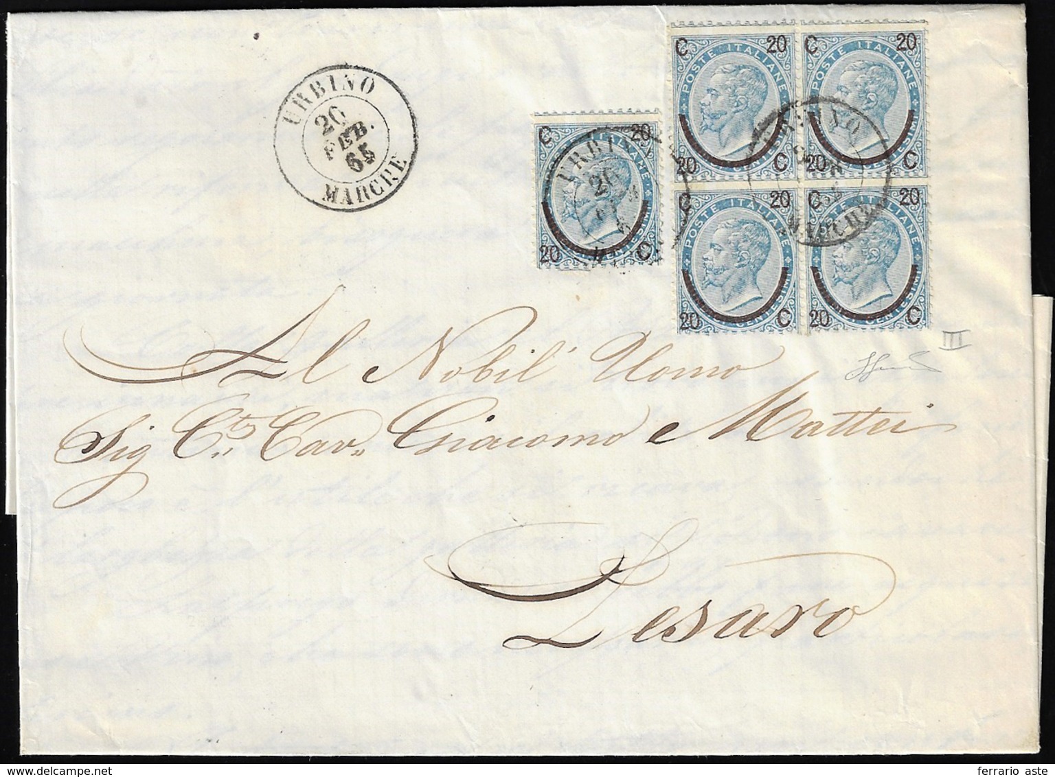1865 - 20 Cent. Su 15 Cent. Ferro Di Cavallo, III Tipo (25), Blocco Di Quattro E Singolo, Perfetti, ... - Other & Unclassified