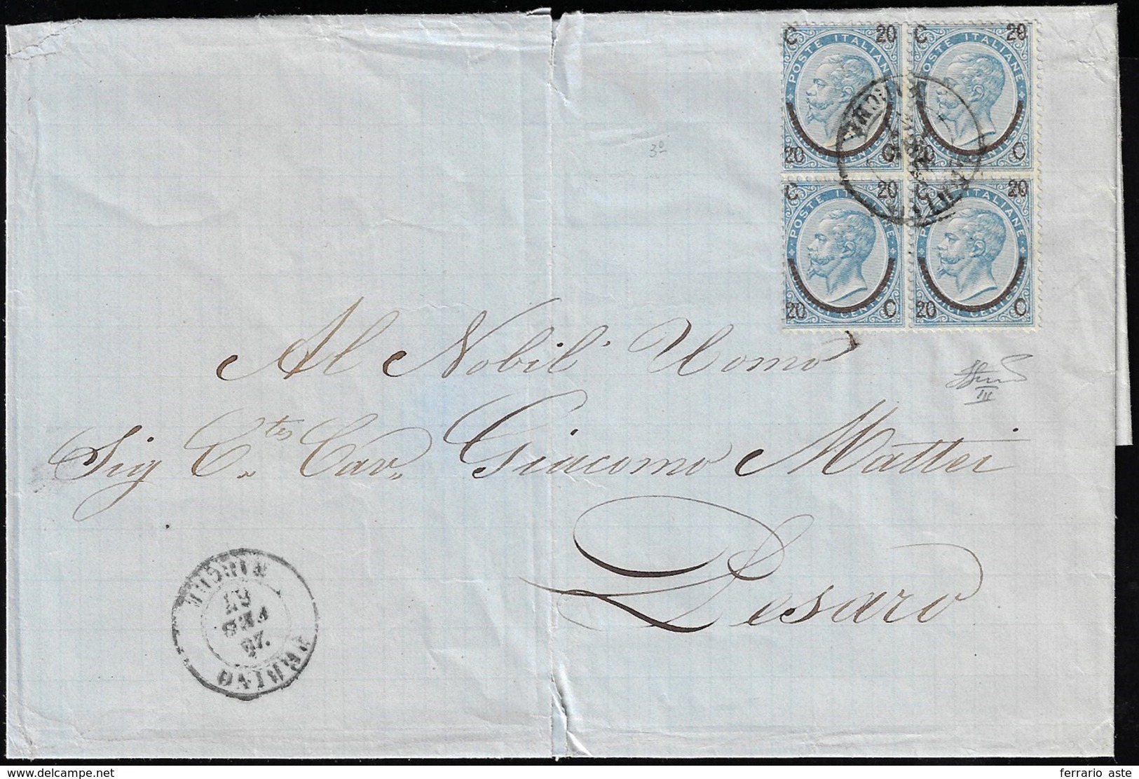 1867 - 20 Cent. Su 15 Cent. Ferro Di Cavallo, III Tipo (25), Blocco Di Quattro, Perfetto, Su Sovraco... - Other & Unclassified