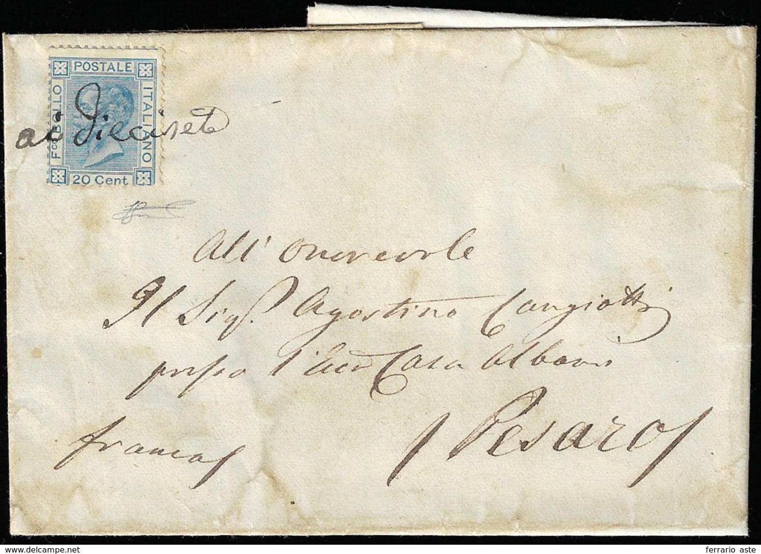 1872 - 25 Cent. Azzurro (T26), Lievi Difetti, Su Lettera Da Urbino 15/5/1872 A Pesaro. Il Francoboll... - Sonstige & Ohne Zuordnung