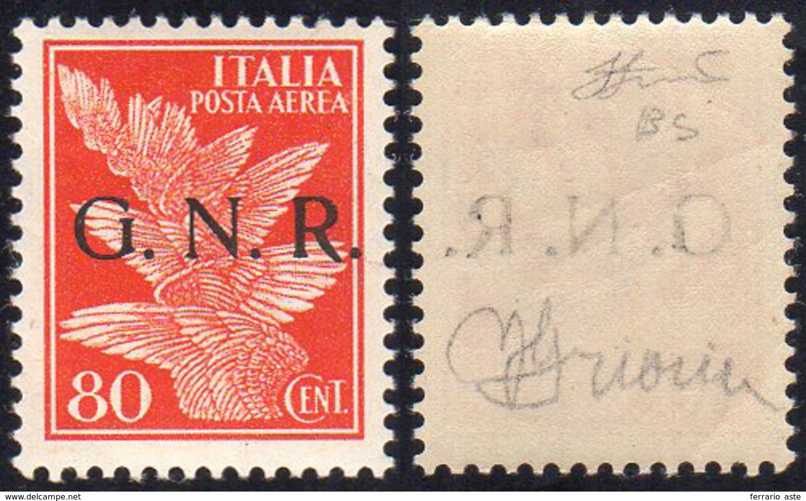 1943 - 80 Cent. Soprastampa G.N.R. Di Brescia Del I Tipo (120/IK), Gomma Integra, Perfetto. Grioni, ... - Other & Unclassified