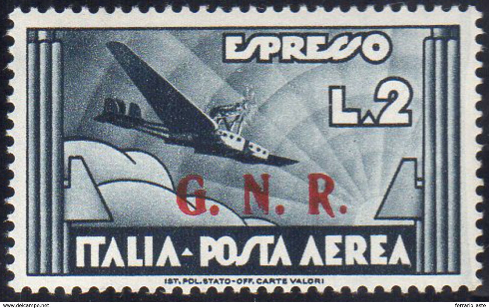 1943 - 2 Lire Ardesia, Soprastampa G.N.R. Di Brescia Del III Tipo, Piccolo Punto Dopo La "R" (125/II... - Altri & Non Classificati