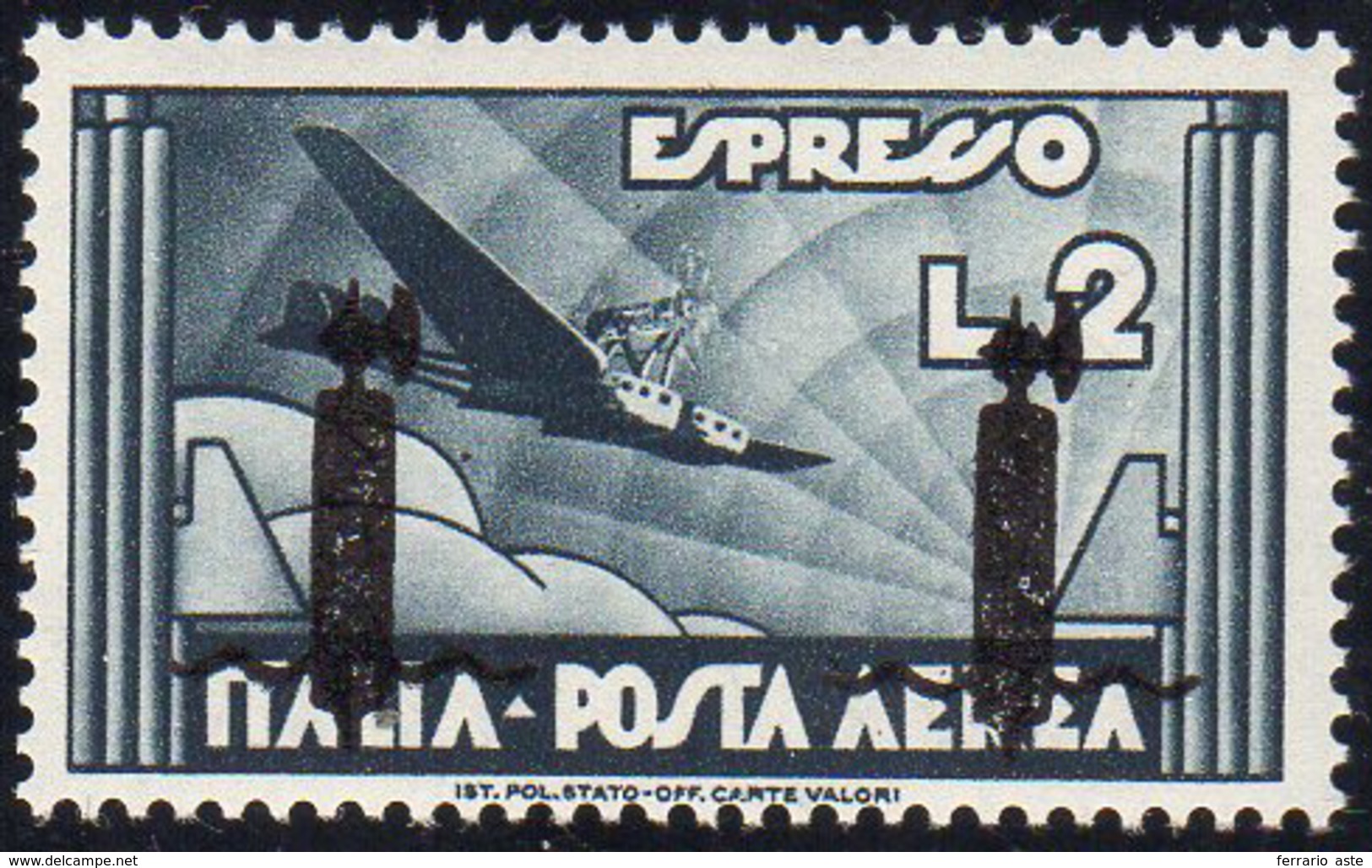 POSTA AEREA 1944 - 2 Lire Ardesia, Soprastampa Ripetuta Due Volte (P16), Gomma Originale Integra, Pe... - Other & Unclassified