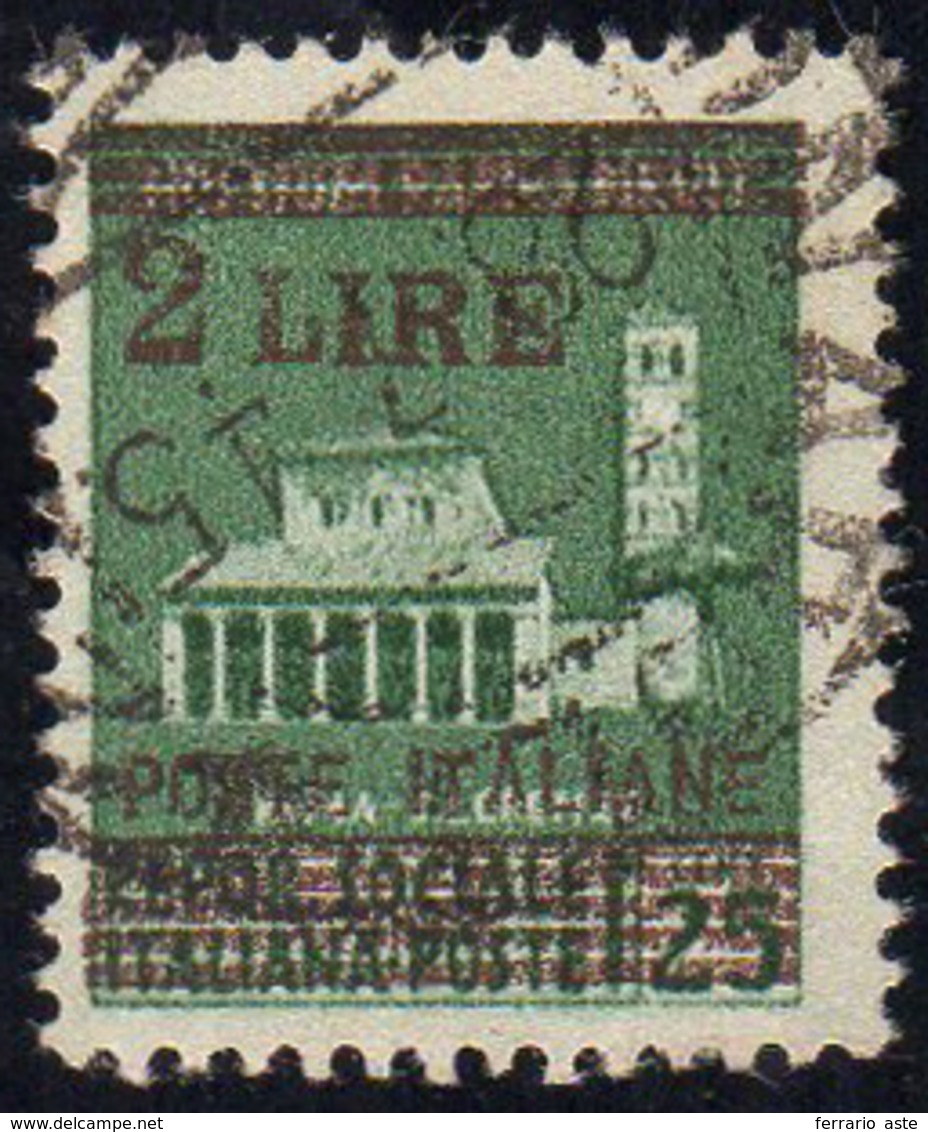 1945 - 2 Lire Su 25 Cent. Verde, Soprastampa In Rosso Bruno (525A), Usato, Perfetto, Annullo Origina... - Andere & Zonder Classificatie