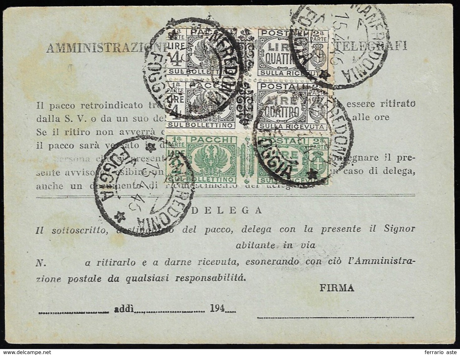 PACCHI POSTALI 1946 - 4 Lire Soprastampato, Coppia, In Affrancatura Mista Con 2 Lire Fascetto Di R.S... - Other & Unclassified