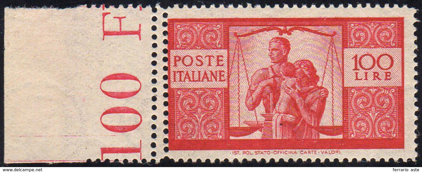 1946 - 100 Lire Democratica, Doppia Dentellatura A Sinistra, Bordo Di Foglio (565avba), Gomma Integr... - Andere & Zonder Classificatie