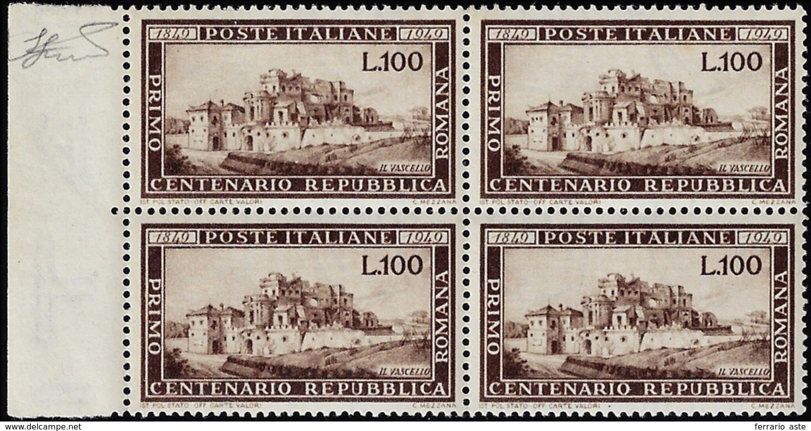 1949 - 100 Lire Repubblica Romana (600), Blocco Di Quattro, Gomma Originale Integra, Perfetto E Ben ... - Sonstige & Ohne Zuordnung