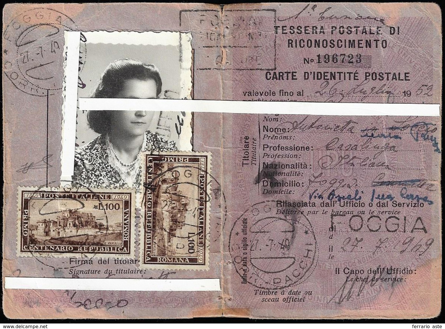 1949 - 100 Lire Romana (600) Su Tessera Di Riconoscimento Postale, Due Esemplari Perfetti Usati A Fo... - Andere & Zonder Classificatie