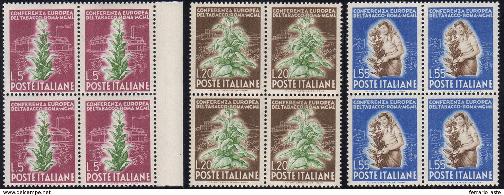 1950 - Tabacco (629/631), Ottima Centratura, Blocchi Di Quattro, Gomma Integra, Perfetti.... - Andere & Zonder Classificatie