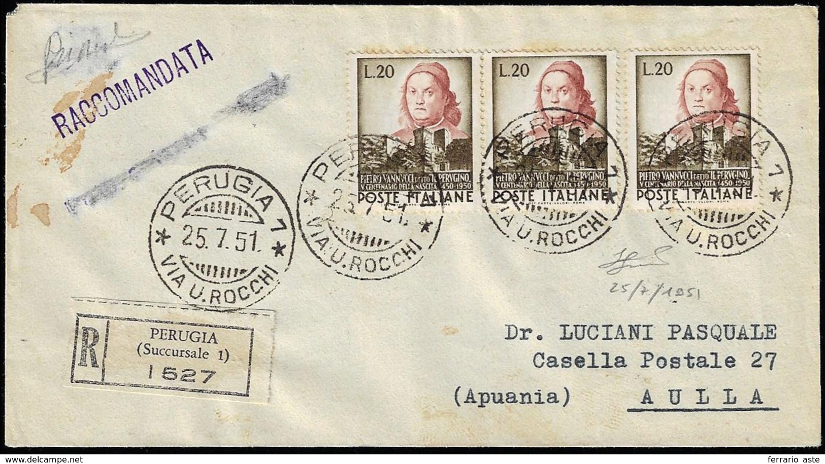 1951 - 20 Lire Perugino (668) Singolo + Coppia Su Raccomandata Da Perugia 25/7/1951 Per Aulla. Al Ve... - Other & Unclassified