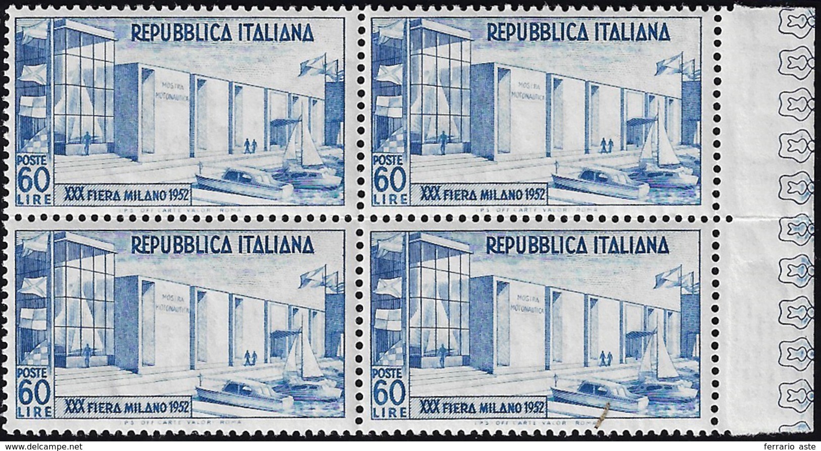 1952 - 60 Lire Fiera Di Milano (685), Blocco Di Quattro, Gomma Integra, Perfetto E Ben Centrato. Fer... - Sonstige & Ohne Zuordnung